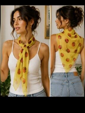 Echo Strawberry Print Sheer Silk Scarf Yellow Red Fruit Novelty